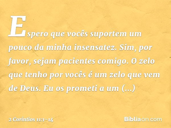 Espero que vocês suportem um pouco da minha insensatez. Sim, por favor, sejam pacientes comigo. O zelo que tenho por vocês é um zelo que vem de Deus. Eu os prom