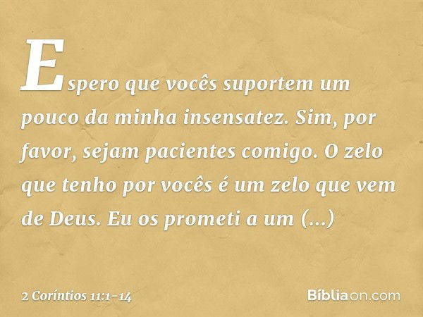 Espero que vocês suportem um pouco da minha insensatez. Sim, por favor, sejam pacientes comigo. O zelo que tenho por vocês é um zelo que vem de Deus. Eu os prom