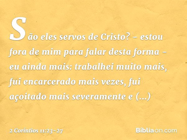 São eles servos de Cristo? - estou fora de mim para falar desta forma - eu ainda mais: trabalhei muito mais, fui encarcerado mais vezes, fui açoitado mais sever