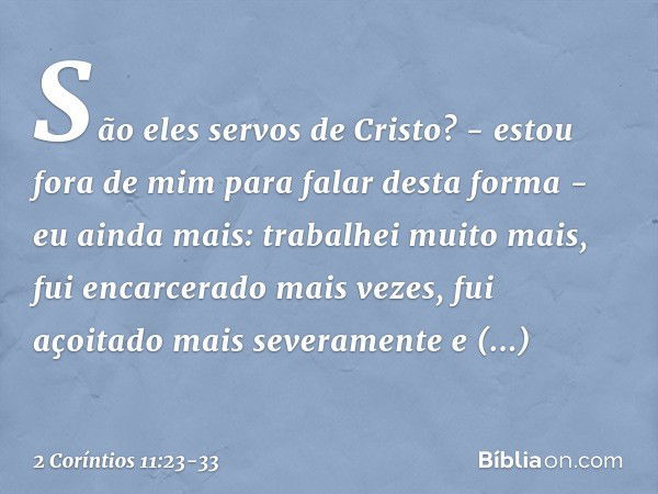 São eles servos de Cristo? - estou fora de mim para falar desta forma - eu ainda mais: trabalhei muito mais, fui encarcerado mais vezes, fui açoitado mais sever