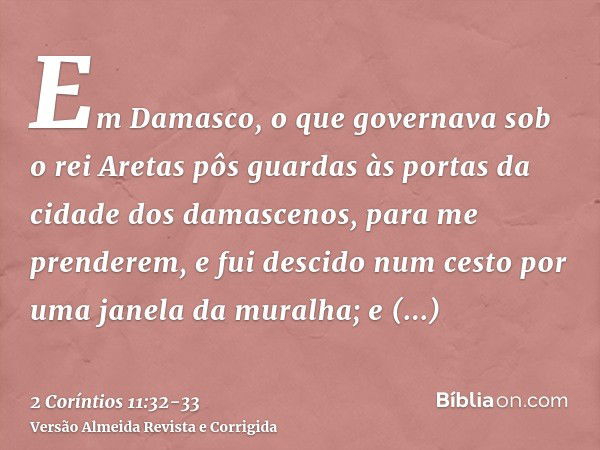 Em Damasco, o que governava sob o rei Aretas pôs guardas às portas da cidade dos damascenos, para me prenderem,e fui descido num cesto por uma janela da muralha