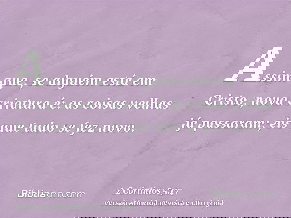 Assim que, se alguém está em Cristo, nova criatura é: as coisas velhas já passaram; eis que tudo se fez novo.