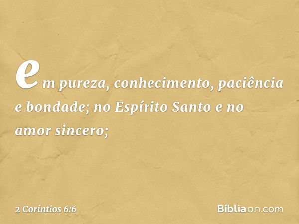 em pureza, conhecimento, paciência e bondade; no Espírito Santo e no amor sincero; -- 2 Coríntios 6:6