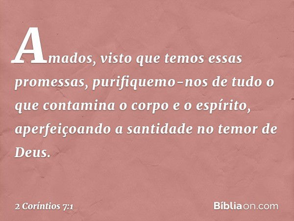 Amados, visto que temos essas promessas, purifiquemo-nos de tudo o que contamina o corpo e o espírito, aperfeiçoando a santidade no temor de Deus. -- 2 Coríntio