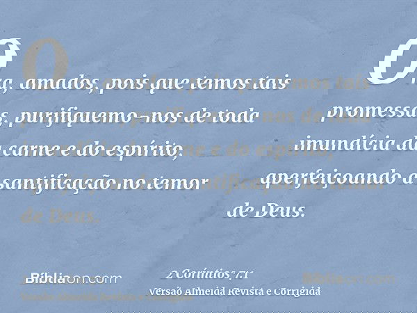 Ora, amados, pois que temos tais promessas, purifiquemo-nos de toda imundícia da carne e do espírito, aperfeiçoando a santificação no temor de Deus.