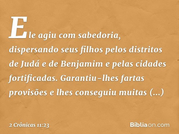 Ele agiu com sabedoria, dispersando seus filhos pelos distritos de Judá e de Benjamim e pelas cidades fortificadas. Garantiu-lhes fartas provisões e lhes conseg