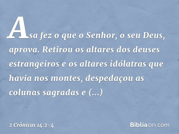 Asa fez o que o Senhor, o seu Deus, aprova. Retirou os altares dos deuses estrangeiros e os altares idólatras que havia nos mon­tes, despedaçou as colunas sagra