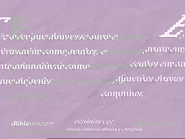 E fez o rei que houvesse ouro e prata em Jerusalém como pedras, e cedros em tanta abundância como figueiras bravas que há pelas campinas.