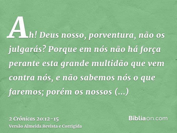 Ah! Deus nosso, porventura, não os julgarás? Porque em nós não há força perante esta grande multidão que vem contra nós, e não sabemos nós o que faremos; porém 