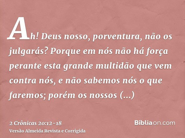 Ah! Deus nosso, porventura, não os julgarás? Porque em nós não há força perante esta grande multidão que vem contra nós, e não sabemos nós o que faremos; porém 