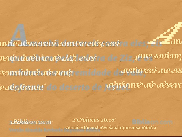 Amanhã descereis contra eles; eis que sobem pela ladeira de Ziz, e os achareis na extremidade do vale, defronte do deserto de Jeruel.