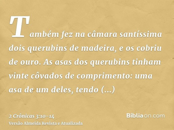 Também fez na câmara santíssima dois querubins de madeira, e os cobriu de ouro.As asas dos querubins tinham vinte côvados de comprimento: uma asa de um deles, t