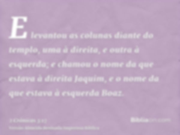 E levantou as colunas diante do templo, uma à direita, e outra à esquerda; e chamou o nome da que estava à direita Jaquim, e o nome da que estava à esquerda Boa