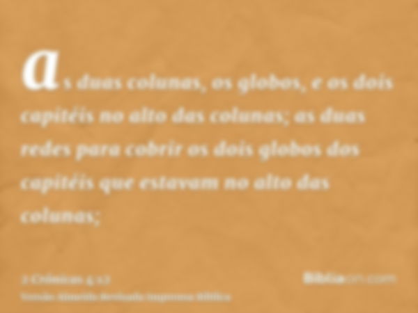 as duas colunas, os globos, e os dois capitéis no alto das colunas; as duas redes para cobrir os dois globos dos capitéis que estavam no alto das colunas;