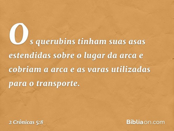 Os querubins tinham suas asas estendidas sobre o lugar da arca e cobriam a arca e as varas utilizadas para o trans­porte. -- 2 Crônicas 5:8