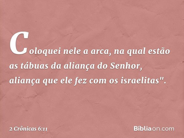 Coloquei nele a arca, na qual estão as tábuas da aliança do Senhor, aliança que ele fez com os israelitas". -- 2 Crônicas 6:11