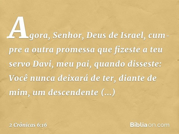 "Agora, Senhor, Deus de Israel, cum­pre a outra promessa que fizeste a teu servo Davi, meu pai, quando disseste: 'Você nunca deixará de ter, diante de mim, um d