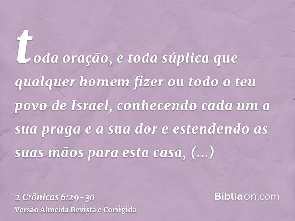 toda oração, e toda súplica que qualquer homem fizer ou todo o teu povo de Israel, conhecendo cada um a sua praga e a sua dor e estendendo as suas mãos para est