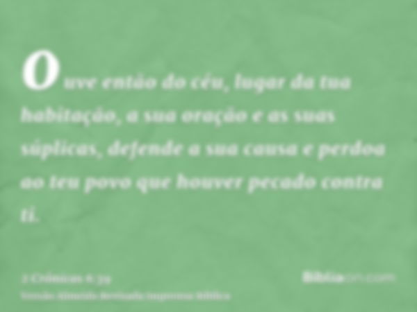 ouve então do céu, lugar da tua habitação, a sua oração e as suas súplicas, defende a sua causa e perdoa ao teu povo que houver pecado contra ti.