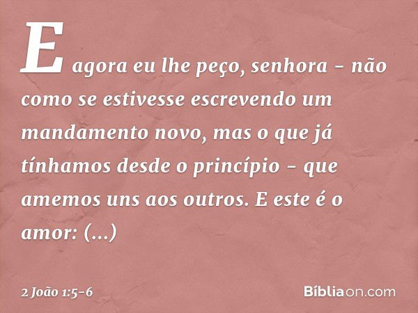 E agora eu lhe peço, senhora - não como se estivesse escrevendo um mandamento novo, mas o que já tínhamos desde o princípio - que amemos uns aos outros. E este 