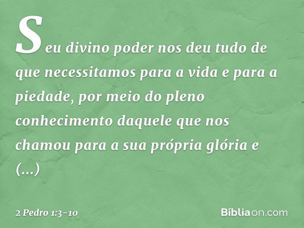 Seu divino poder nos deu tudo de que necessitamos para a vida e para a piedade, por meio do pleno conhecimento daquele que nos chamou para a sua própria glória 