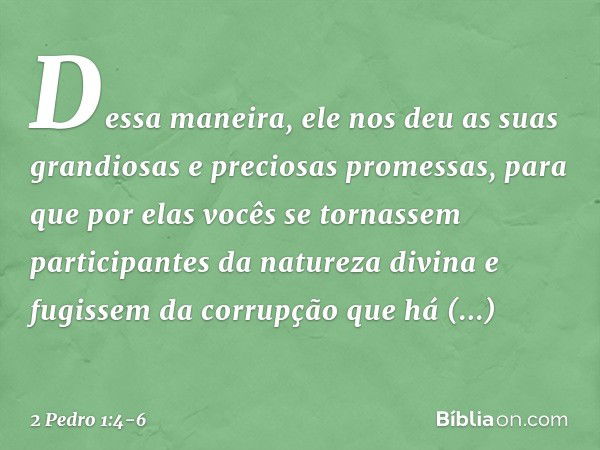 Dessa maneira, ele nos deu as suas grandiosas e preciosas promessas, para que por elas vocês se tornassem participantes da natureza divina e fugissem da corrupç