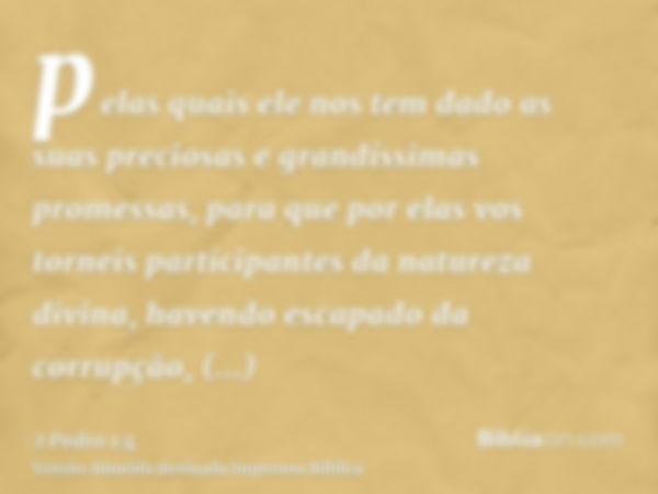 pelas quais ele nos tem dado as suas preciosas e grandíssimas promessas, para que por elas vos torneis participantes da natureza divina, havendo escapado da cor