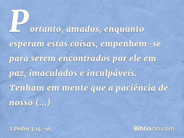 Portanto, amados, enquanto esperam estas coisas, empenhem-se para serem encontrados por ele em paz, imaculados e inculpáveis. Tenham em mente que a paciência de