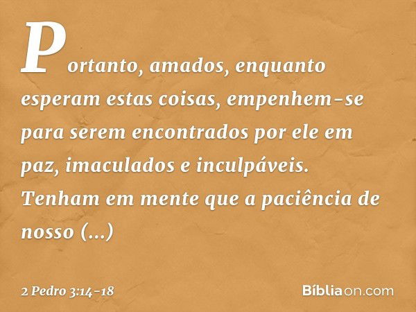 Portanto, amados, enquanto esperam estas coisas, empenhem-se para serem encontrados por ele em paz, imaculados e inculpáveis. Tenham em mente que a paciência de