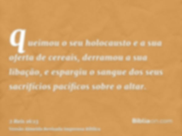 queimou o seu holocausto e a sua oferta de cereais, derramou a sua libação, e espargiu o sangue dos seus sacrifícios pacíficos sobre o altar.