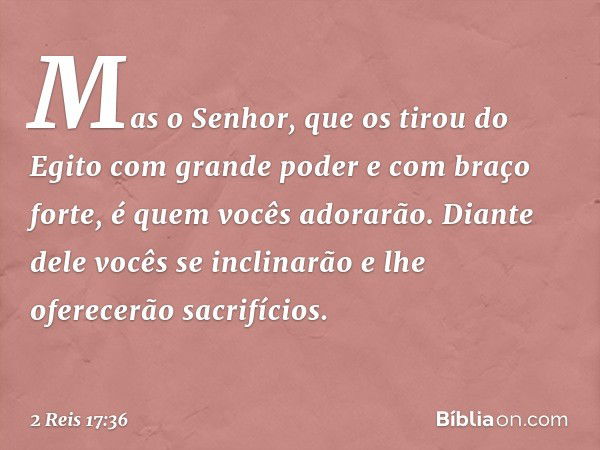 Mas o ­Senhor, que os tirou do Egito com grande poder e com braço forte, é quem vocês adorarão. Diante dele vocês se inclinarão e lhe oferecerão sacrifícios. --