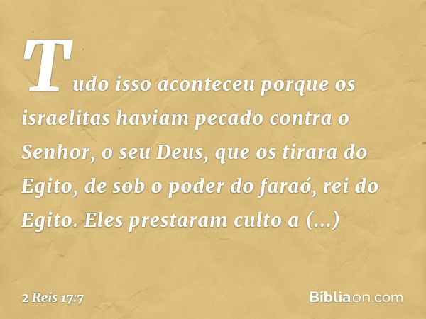 Tudo isso aconteceu porque os israelitas haviam pecado contra o Senhor, o seu Deus, que os tirara do Egito, de sob o poder do faraó, rei do Egito. Eles prestara