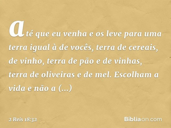 até que eu venha e os leve para uma terra igual à de vocês, terra de cereais, de vinho, terra de pão e de vinhas, terra de oliveiras e de mel. Escolham a vida e