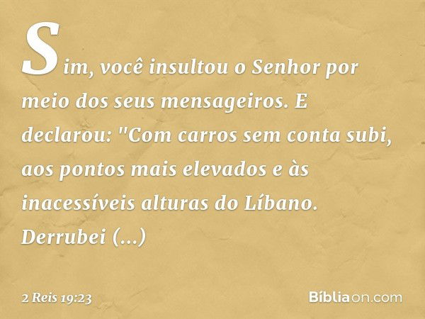 Sim, você insultou o Senhor
por meio dos seus mensageiros.
E declarou:
"Com carros sem conta subi,
aos pontos mais elevados
e às inacessíveis alturas do Líbano.