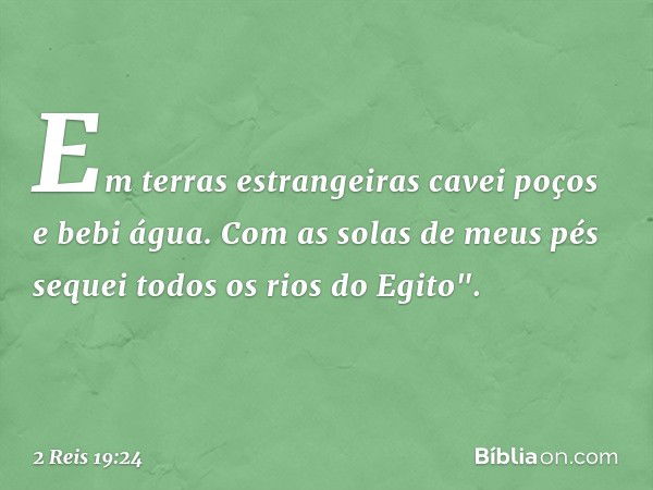 Em terras estrangeiras
cavei poços e bebi água.
Com as solas de meus pés
sequei todos os rios do Egito". -- 2 Reis 19:24