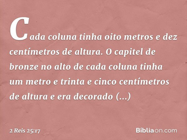 Cada coluna tinha oito metros e dez centímetros de altura. O capitel de bronze no alto de cada coluna tinha um metro e trinta e cinco centímetros de altura e er