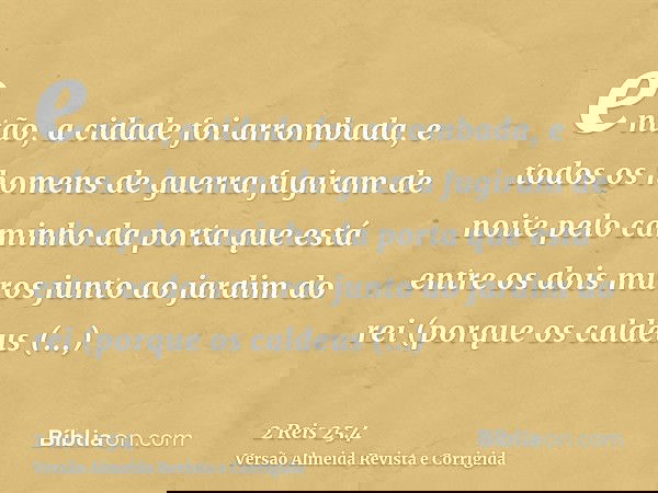 então, a cidade foi arrombada, e todos os homens de guerra fugiram de noite pelo caminho da porta que está entre os dois muros junto ao jardim do rei (porque os