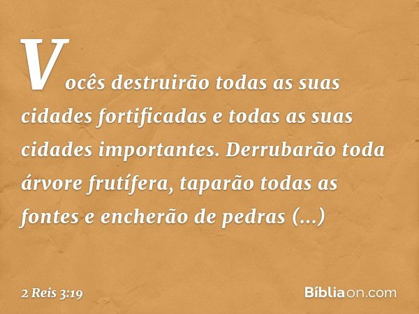 Vocês destruirão todas as suas cidades fortificadas e todas as suas cidades importantes. Derrubarão toda árvore frutífera, taparão todas as fontes e encherão de