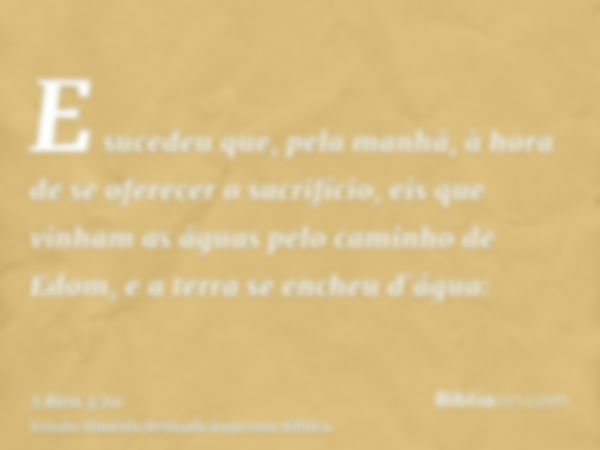 E sucedeu que, pela manhã, à hora de se oferecer o sacrifício, eis que vinham as águas pelo caminho de Edom, e a terra se encheu d`água: