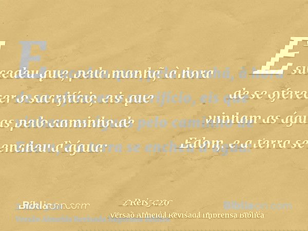 E sucedeu que, pela manhã, à hora de se oferecer o sacrifício, eis que vinham as águas pelo caminho de Edom, e a terra se encheu d`água: