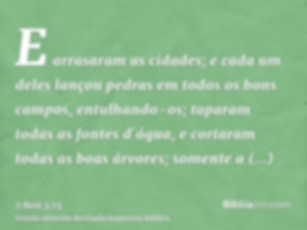 E arrasaram as cidades; e cada um deles lançou pedras em todos os bons campos, entulhando-os; taparam todas as fontes d`água, e cortaram todas as boas árvores; 