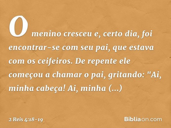 O menino cresceu e, certo dia, foi encontrar-se com seu pai, que estava com os ceifeiros. De repente ele começou a chamar o pai, gritando: "Ai, minha cabeça! Ai