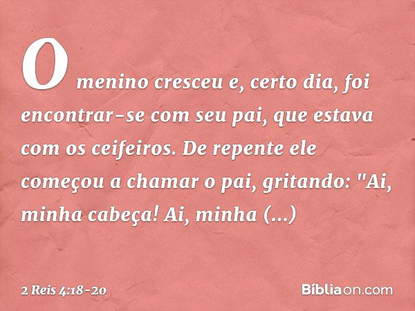 O menino cresceu e, certo dia, foi encontrar-se com seu pai, que estava com os ceifeiros. De repente ele começou a chamar o pai, gritando: "Ai, minha cabeça! Ai