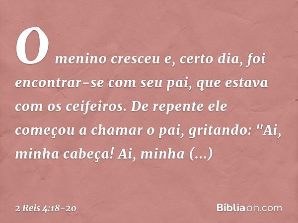 O menino cresceu e, certo dia, foi encontrar-se com seu pai, que estava com os ceifeiros. De repente ele começou a chamar o pai, gritando: "Ai, minha cabeça! Ai