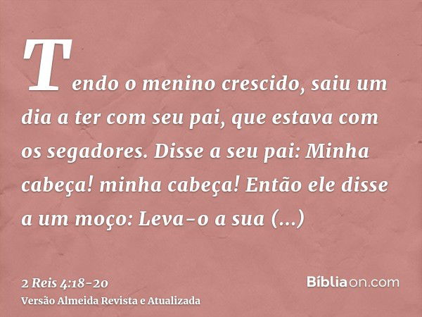 Tendo o menino crescido, saiu um dia a ter com seu pai, que estava com os segadores.Disse a seu pai: Minha cabeça! minha cabeça! Então ele disse a um moço: Leva