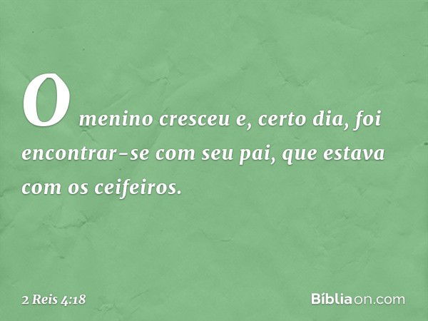 O menino cresceu e, certo dia, foi encontrar-se com seu pai, que estava com os ceifeiros. -- 2 Reis 4:18