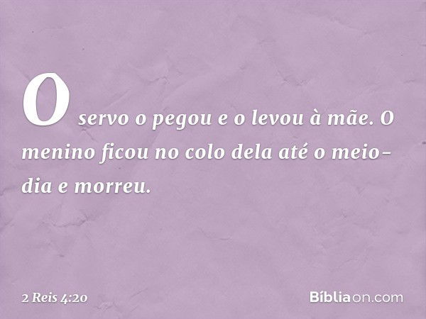 O servo o pegou e o levou à mãe. O menino ficou no colo dela até o meio-dia e morreu. -- 2 Reis 4:20