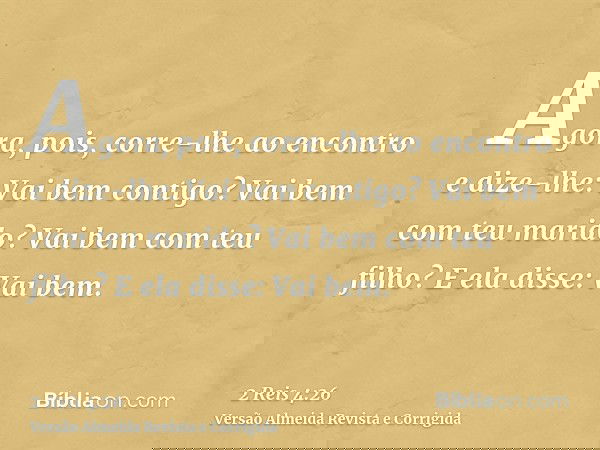 Agora, pois, corre-lhe ao encontro e dize-lhe: Vai bem contigo? Vai bem com teu marido? Vai bem com teu filho? E ela disse: Vai bem.