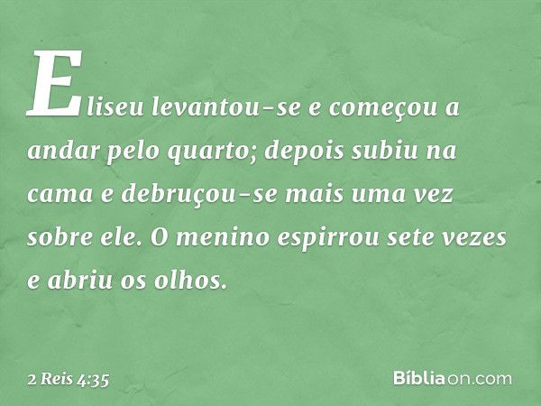 Eliseu levantou-se e começou a andar pelo quarto; depois subiu na cama e debruçou-se mais uma vez sobre ele. O menino espirrou sete vezes e abriu os olhos. -- 2