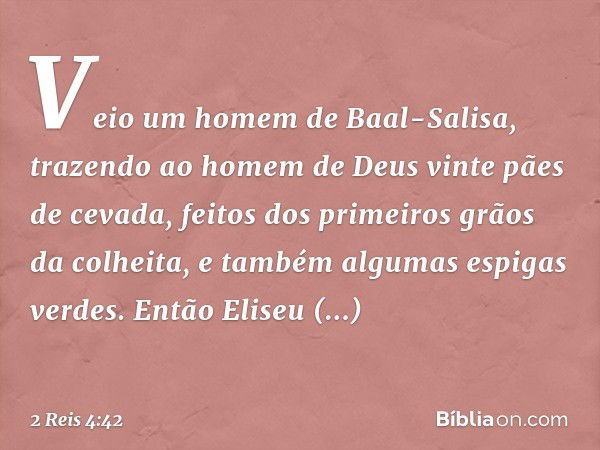 Veio um homem de Baal-Salisa, trazendo ao homem de Deus vinte pães de cevada, feitos dos primeiros grãos da colheita, e também algumas espigas verdes. Então Eli